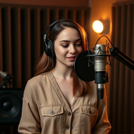 A female voice actor recording narration for an audiobook in a soundproof booth at Harmony Hub Studios