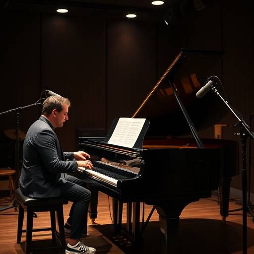 A musician playing a grand piano in a dimly lit recording studio with professional microphones capturing the sound