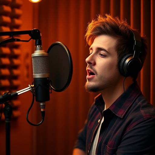 A singer performing vocals in a recording booth with a pop filter and professional studio microphone
