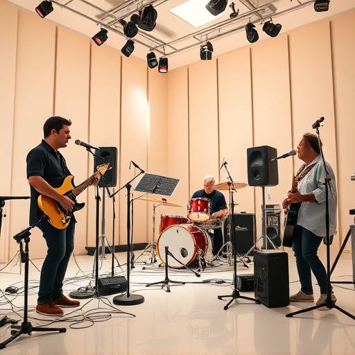 A wide shot of a live recording session, with musicians playing instruments in a well-lit studio space.