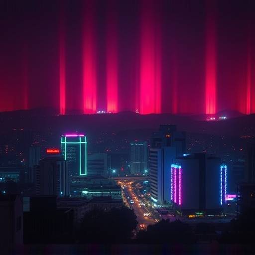 Album cover for 'City Lights' by Aurora Bloom, featuring a nighttime cityscape with stylized neon lights