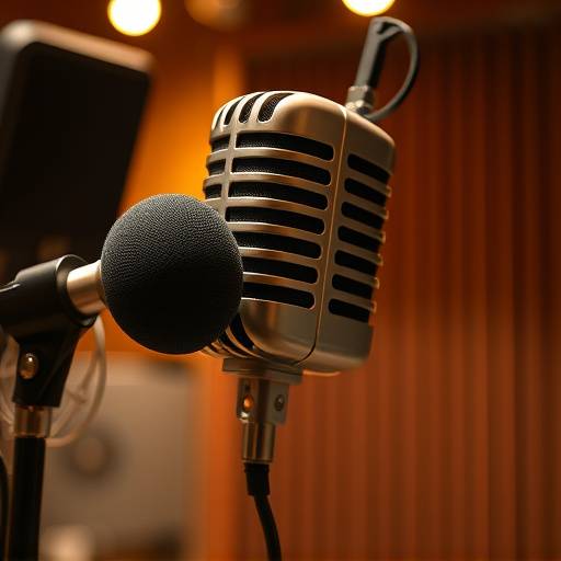 Close up of a Neumann U87 microphone set up in a recording booth, ready for vocal recording.