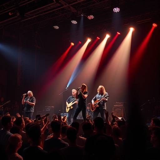 Live performance shot of 'The Echoes', a rock band, energetically performing on stage in a packed venue