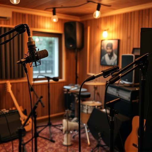 Live recording room at Harmony Hub Studios with microphones and instruments