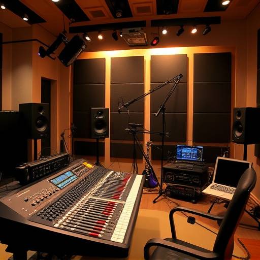 Mixing console in a professional recording studio with various audio equipment