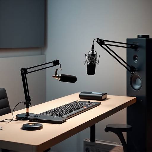 Podcast recording setup for 'Tech Talk', featuring a high-quality microphone and audio interface on a modern desk