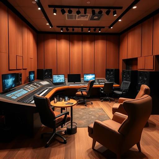 The main control room at Harmony Hub Studios, featuring a large format console and comfortable seating.